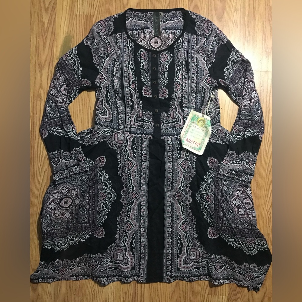 Aratta Silent Journey Black Violet Paisley Knit Sundress L All Cotton Midi NWT
